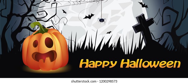 Happy Halloween poster and Funny Pumpkin. Creative inscription with pumpkin, grave, spider web, trees and white huge moon. Lettering can be used for posters.