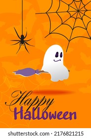 HAPPY HALLOWEEN POSTER WITH GHOST ON BROOM, WEBBING, SPIDER ON ORANGE BACKGROUND WITH BATS. Vector graphics