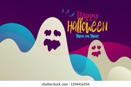 Happy Halloween Poster with ghosts and calligraphy. creative vector illustration in paper cut style.