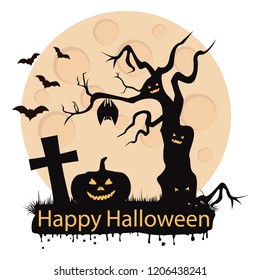Happy Halloween Poster. Graveyard, full moon dark night scary castle and big tree, pumpkin and black bat. Halloween holiday greeting card. Vector illustration.