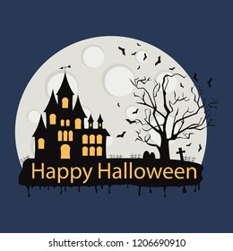 Happy Halloween Poster. Graveyard, full moon dark night scary castle and big tree, pumpkin and black bat. Halloween holiday greeting card. Vector illustration.