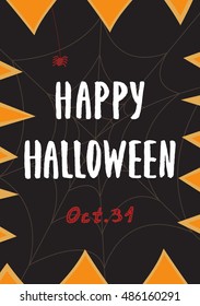 Happy Halloween poster greeting card with modern brush calligraphy hand drawn lettering and holidays elements - web, spider, pumpkin fangs. Halloween postcards, covers, tags, icons set and more.