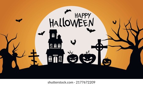 Happy halloween poster. Greeting or invitation card, international traditional autumn holiday. Horror and fear. Pumpkin with dark castle, ghosts and evil spirits. Cartoon flat vector illustration