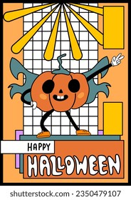 Happy Halloween poster. Groovy cartoon style dancing pumpkin. Character with bat wings . Retro style Jack O`Lantern. Vintage Halloween pumpkin. Anthropomorphic pumpkin character with arms and legs