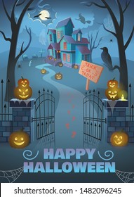  HAPPY HALLOWEEN POSTER. Haunted House with gate, pumpkins, 
a witch on a broomstick, spiders, a crow and a ghost. Cartoon style vector illustration.