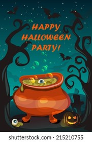 Happy Halloween Poster, Holiday illustration with pumpkin lantern and witch cauldron, VECTOR