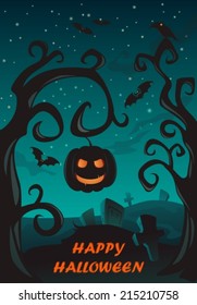 Happy Halloween Poster, Holiday illustration with pumpkin lantern and cemetry, VECTOR