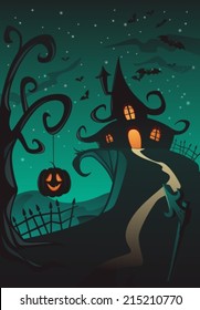 Happy Halloween Poster, Holiday illustration with pumpkin lantern and scary house, VECTOR