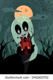 Happy Halloween poster with house on the hill next to the cemetery. Dracula's castle. Mystical illustration with a cute ghost. Postcard for the holiday. Vector illustration in green colors. Full moon.