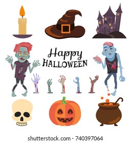 Happy halloween poster with icons of pumpkin, candle and witch hat, castle and zombies, pot with potion vector illustration isolated on white