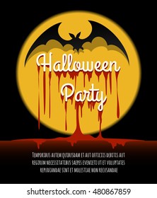 Happy Halloween Poster or Invitation Card. Bat silhouette and bleeding lettering Halloween Party. Vector Illustration