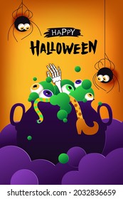 Happy Halloween poster, invitation, flyer, greeting card template. Colorful art with cute, funny, spooky eyes, spiders, cauldron. Vector illustration. Place for text.