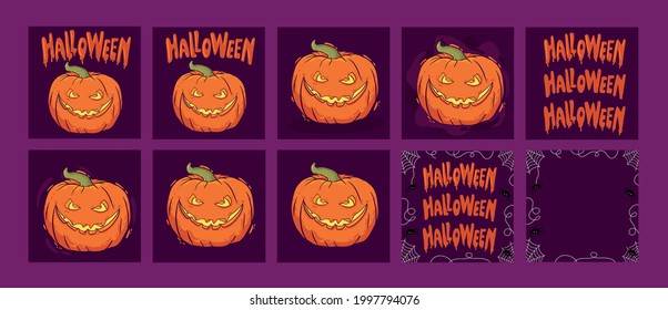 Happy Halloween, a poster for an invitation to a party Halloween  with cobwebs and Evil pumpkins. Large set, postcards, Vector illustration. Spider web, creepy inscription, pumpkin, spiders.