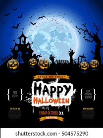 Happy Halloween poster, Invitation for party, Mix of Various Spooky Creatures, Moon and Castle, Vector Illustration