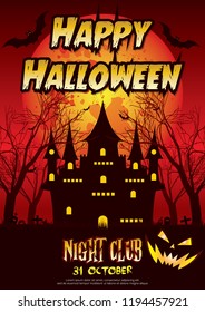 Happy halloween poster and invitation with witch castle design . Night of horror . October events