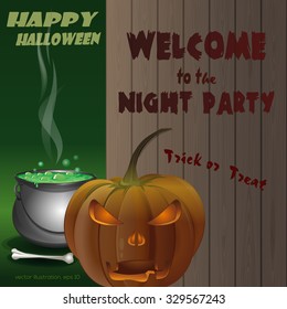 Happy Halloween Poster. Jack-o'-lantern on a background of a wooden fence and magic cauldron. Vector illustration.