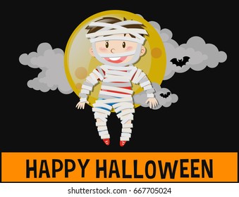 Happy halloween poster with kid in mummy outfit illustration