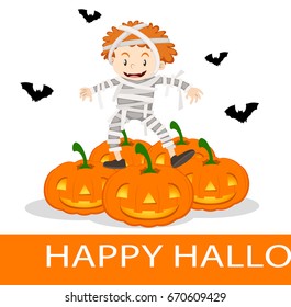 Happy Halloween poster with kid in mummy costume illustration