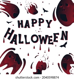 Happy Halloween poster. Lettering and flying funny burgundy ghosts isolated on white background. Flat Art Vector Illustration