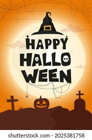 Happy Halloween poster with lettering in orange moonlight. Vector illustration template.