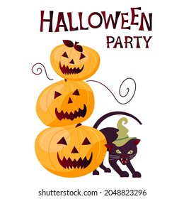 Happy Halloween poster. Lettering, orange pumpkin and black cat isolated on white background. Flat Art Vector Illustration
