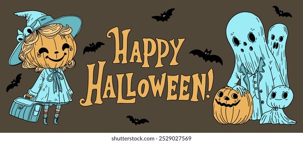 Cartaz feliz de Halloween com letras texto personagens de feriado elementos menina de abóbora vestida como bruxa fantasmas morcegos jack-o’-lanterna desenhado à mão ilustração sazonal marketing saudação cartão evento design