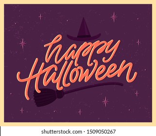 Happy Halloween poster with lettering in vintage style. Witch's broom and hat on the background. Flat vector illustration.