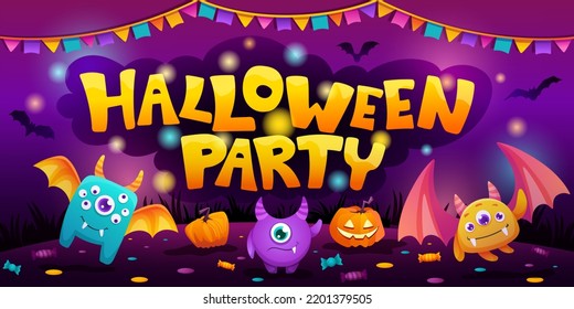 Happy Halloween poster with little cute monsters for kids party. Vector cartoon illustration with Pumpkins, sweets, candies, bats and clouds. Colorful children banner