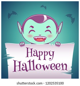 Happy Halloween poster with little kid in costume of vampire with parchment on dark blue background. Happy Halloween party.