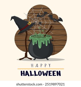 Happy Halloween Poster with magic potion maker cauldron