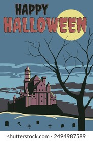 Happy Halloween Poster, Medievil Castle, Old Cemetery, Dry Tree, Night Scene