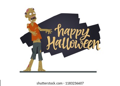 Happy Halloween poster - modern cartoon character illustration on white background with calligraphy text. Composition with creepy standing zombie and flock of bats. Perfect for banners, presentations