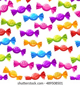 Happy Halloween poster with multicolored candy pattern. Funny vector illustration for holiday in cartoon style. Seamless background.