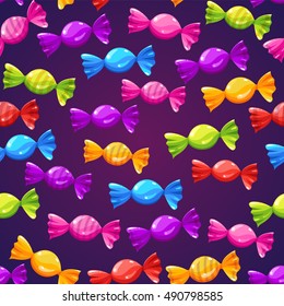 Happy Halloween poster with multicolored candy pattern. Funny vector illustration for holiday in cartoon style. Seamless background.