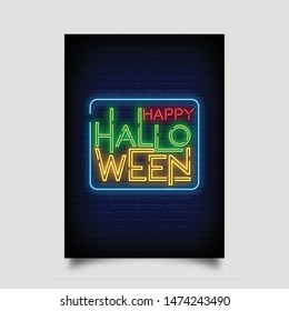 Happy Halloween for poster in neon style. invitation card, flyer, light banner, posters