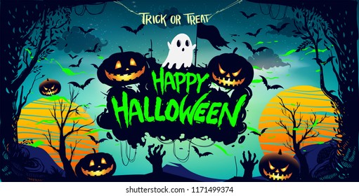 Happy Halloween Poster, night background with creepy pumpkins, illustration. vector elements for banner, greeting card Halloween celebration.