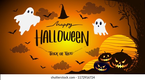 Happy Halloween Poster, night background with creepy pumpkins, illustration. vector elements for banner, greeting card Halloween celebration.