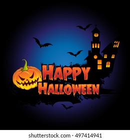 Happy Halloween Poster, night background with creepy castle and pumpkins, illustration