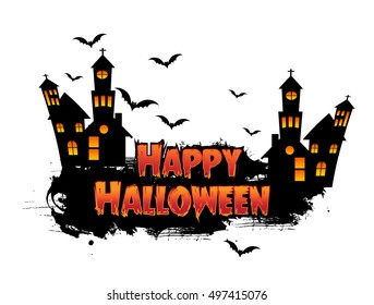 Happy Halloween Poster, night background with creepy castle and pumpkins, illustration