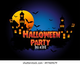 Happy Halloween Poster, night background with creepy castle and pumpkins, illustration. vector elements for banner, greeting card.