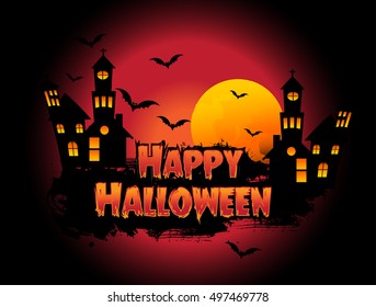Happy Halloween Poster, night background with creepy castle and pumpkins, illustration. vector elements for banner, greeting card.