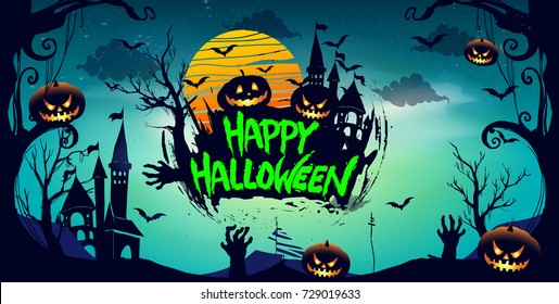 Happy Halloween Poster, night background with creepy pumpkins, illustration. vector elements for banner, greeting card Halloween celebration.