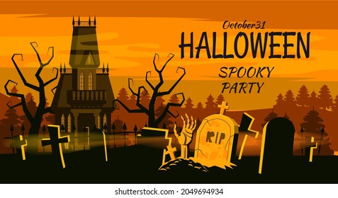 Happy Halloween poster, night cemetery, haunted mansion. Vector illustration cartoon style banner