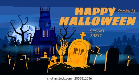 Happy Halloween poster, night cemetery, zombie hand, haunted mansion. Vector illustration cartoon style banner