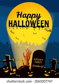 Happy Halloween poster, night cemetery, zombie hand crawls out against, background of the full moon . Vector illustration cartoon style banner