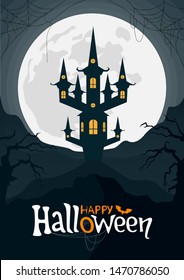 Happy Halloween poster night landscape with moon and spooky castle. Vector illustration.