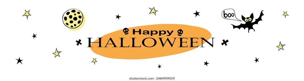 Happy Halloween poster with night sky, cute bat, holiday lettering. Vector illustration. Template for party banner, celebration announce
