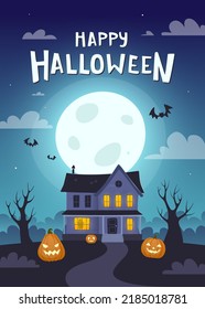 Happy Halloween Poster With Old Creepy House. Vertical Halloween Banner With Moonlight And Scary House.