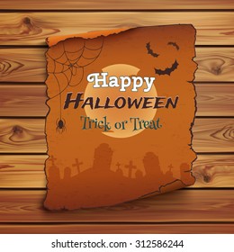 Happy Halloween poster. Old, orange scroll on wooden planks. Vector illustration.