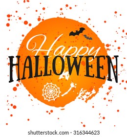 Happy Halloween Poster on bright watercolor background with stains and drops. Vector Illustration of Happy Halloween banner with halloween elements. Bats, spiderweb.